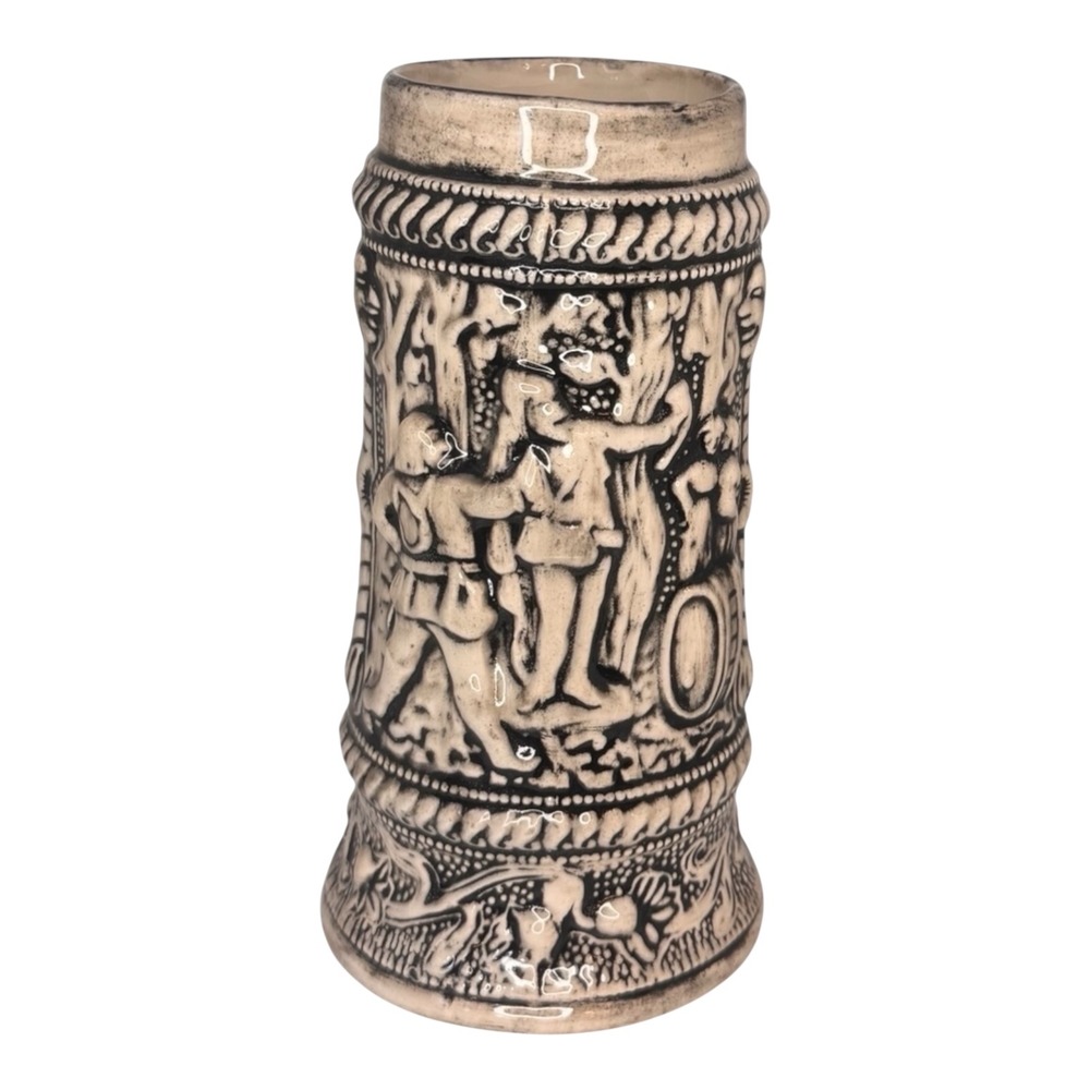 Vintage German Beer Stein Medieval Relief Ceramic Mug Bier Oder Wein Cream Black - Picture 2 of 6